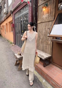 现韩国东大门代购HELDER女2024夏季设计感镂空露背针织背心连衣裙