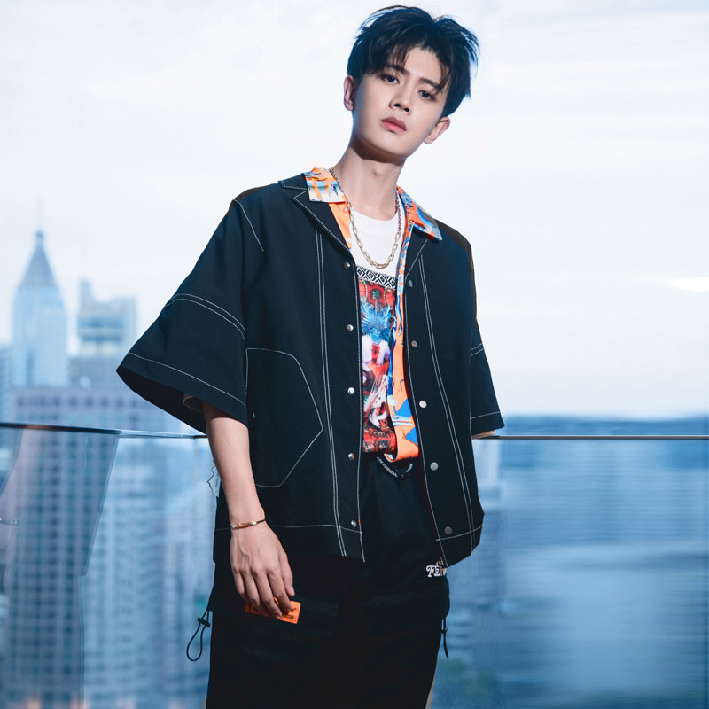 任嘉伦同款休闲宽松网红明线5分短袖大袖口道袍t恤开衫衬衫6009