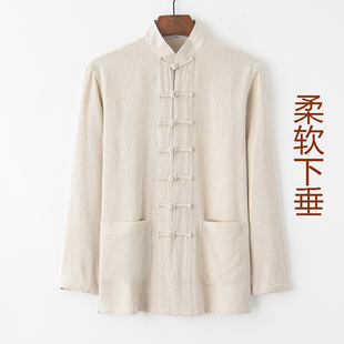 春夏季唐装男中式棉麻长袖上衣复古衬衫中国风男装禅修茶艺居士服