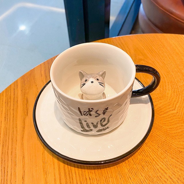 创意卡通动物3D猫咪陶瓷杯手绘咖啡