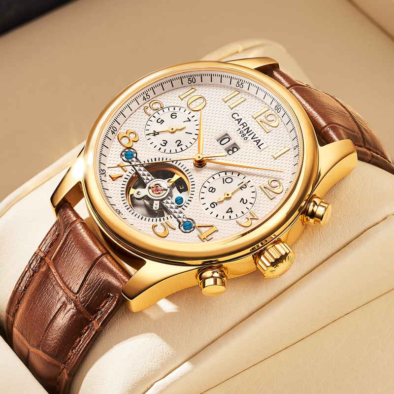 正品手表男士机械表全自动时尚潮镂空陀飞轮真皮防水学生男表十大