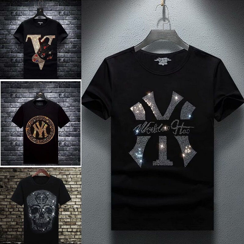 夏季新款欧洲站男装潮牌烫钻短袖t恤男士圆领修身潮流半袖男t夏装