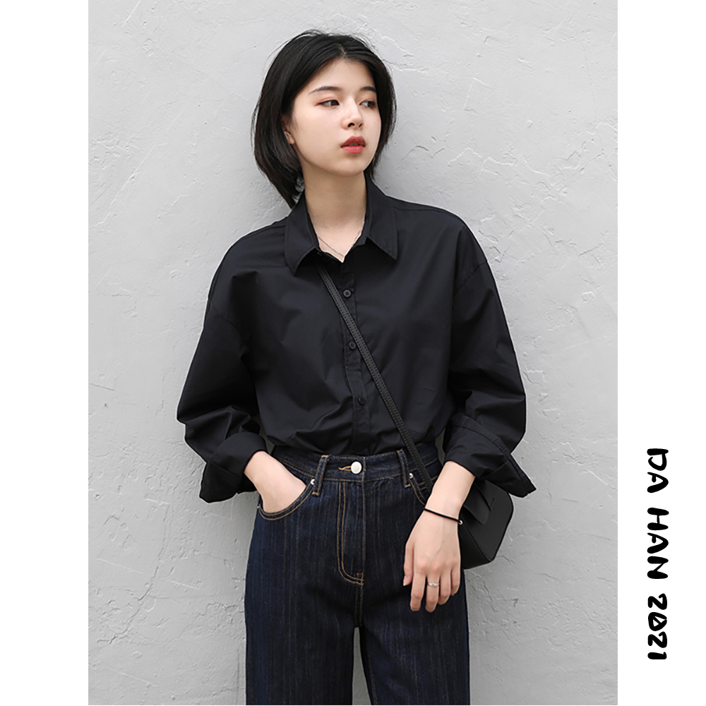 黑色翻领衬衫女设计感春秋日系简约百搭宽松气质职场长袖内搭衬衣