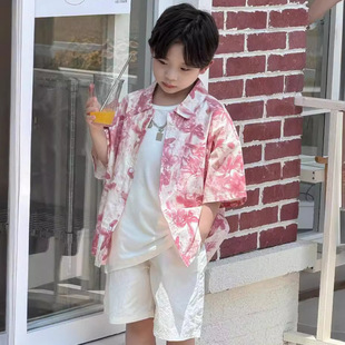 24夏新款中小童男童韩国童装水洗棉布粉色花朵印花度假风短袖衬衫