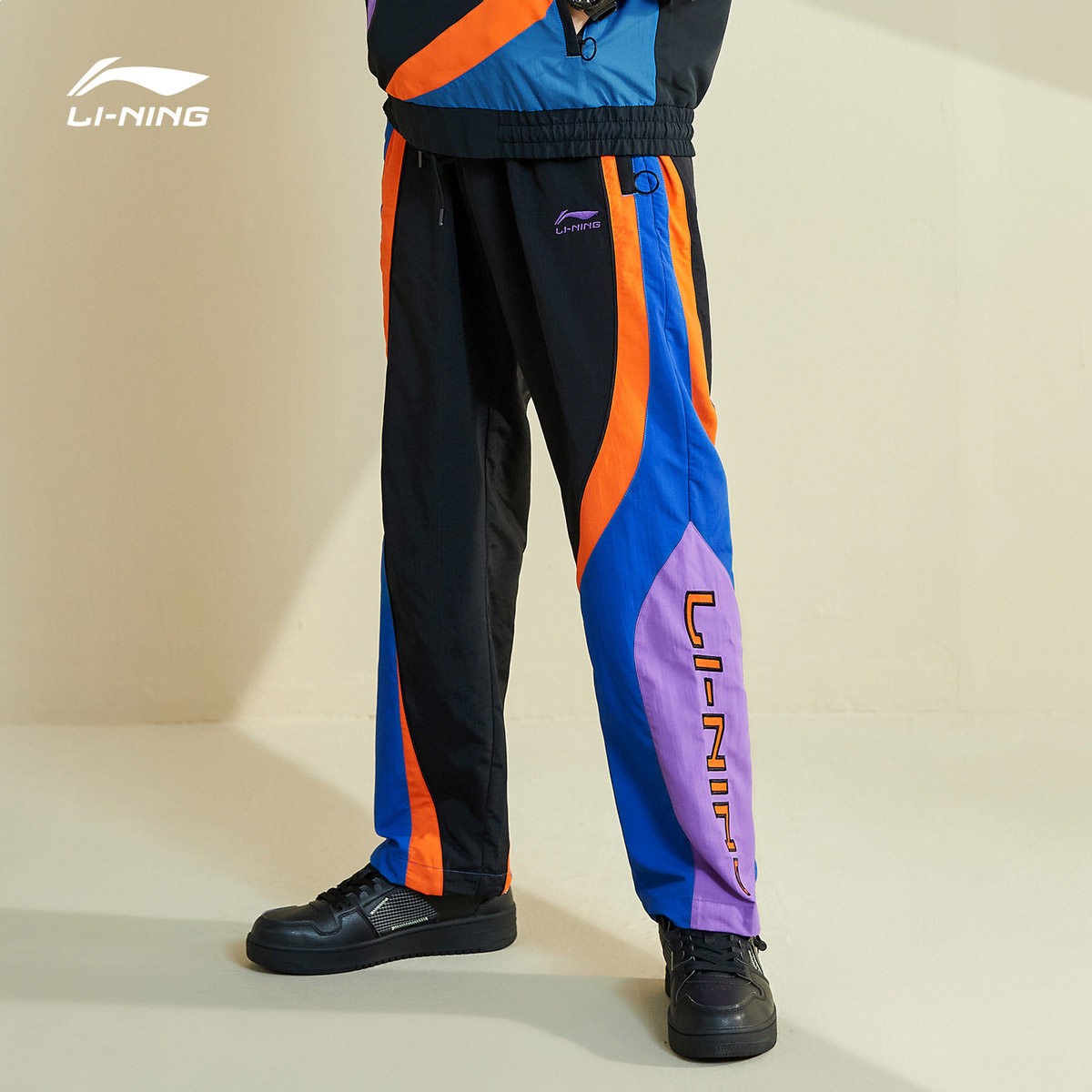 中国李宁运动裤男士时尚拼接撞色休闲裤子春夏潮流梭织运动裤男