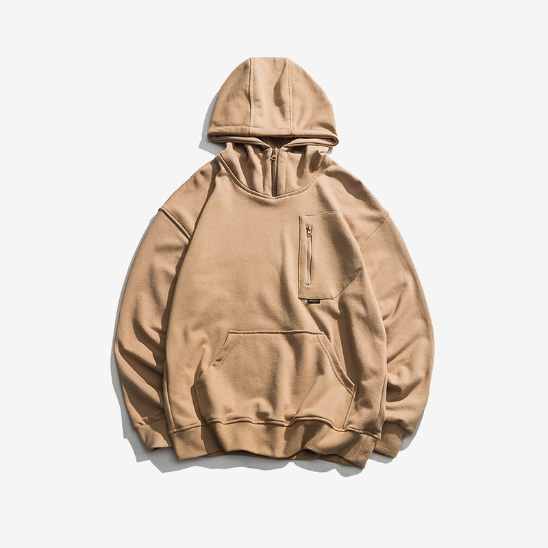 adamfreak 卫衣男连帽2019春季新款简约拉链半截领复古纯色帽衫_9折