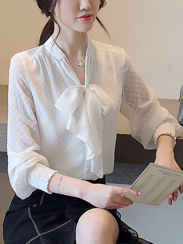 白色衬衫女蝴蝶结系带韩版雪纺长袖衬衣很仙的上衣时尚洋气宽松潮|ruв категории Женская одежда, рубашка - от Buy2taobao.com для оказания профессиональной услуги покупки агента Taobao