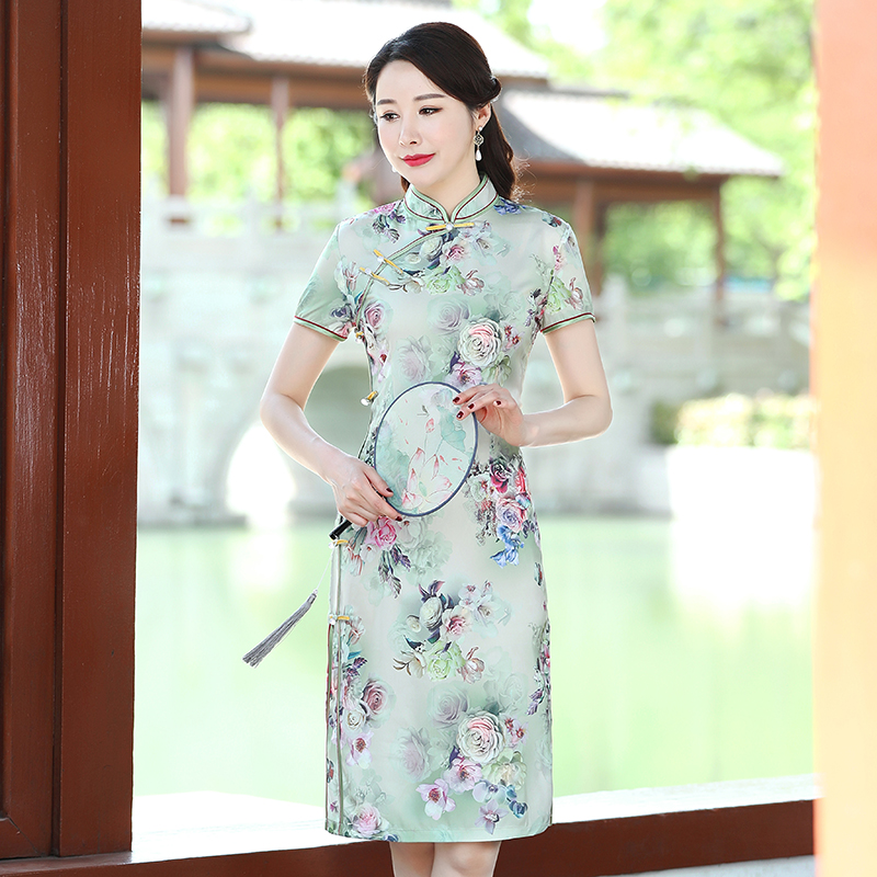 旗袍女中老年妈妈装2020年新款夏装改良版连衣裙中长款复古旗袍裙