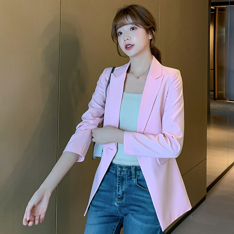 韩版女装甜美学院风百搭翻领一粒扣气质双口袋纯色开衫外套小西装
