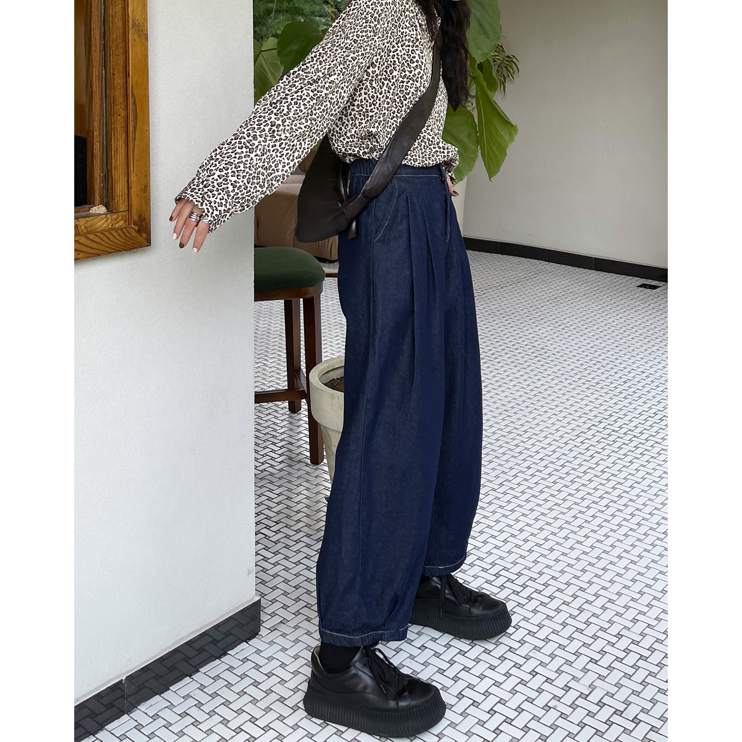 dr日系穿搭博主复古萝卜裤九分高腰后松紧牛仔裤女秋季宽松