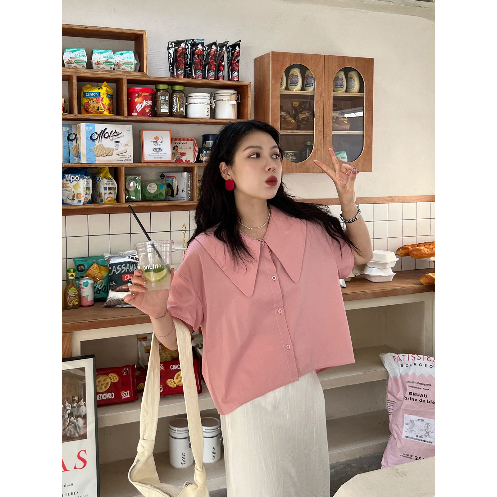 dr 皮粉色搭配大翻领百搭夏季前短后长设计感宽松a字短袖衬衫女