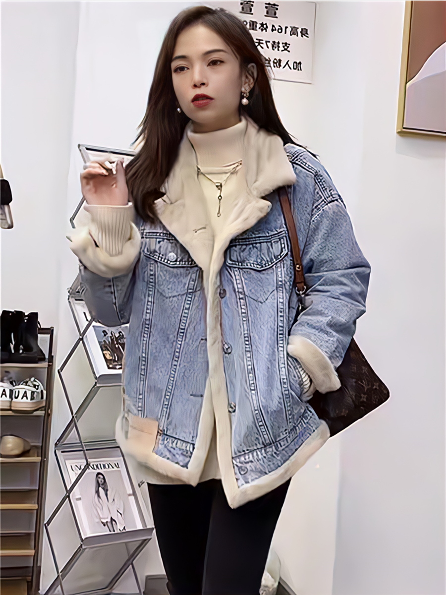 两面穿牛仔外套女2021冬宽松韩版加绒夹克设计感羊羔绒欧货牛仔衣