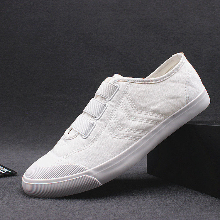 一折一带白布鞋_白色帆布鞋男低帮松紧带休闲板鞋懒人一脚蹬透气布鞋