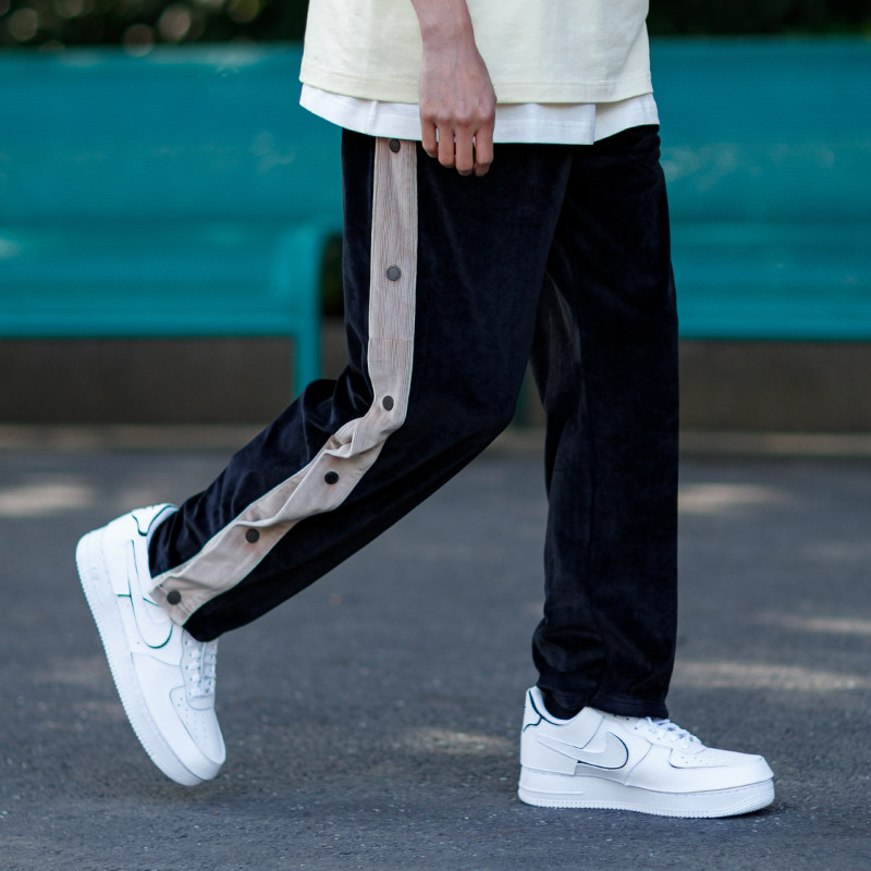 pso brand 丝绒面料撞色排扣裤男宽松直筒裤潮牌篮球裤运动休闲裤