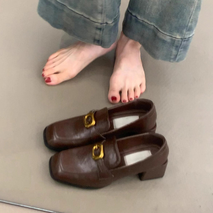 羊皮版~复古金属扣黑色一脚蹬懒人乐福鞋女方头粗跟英伦风小皮鞋