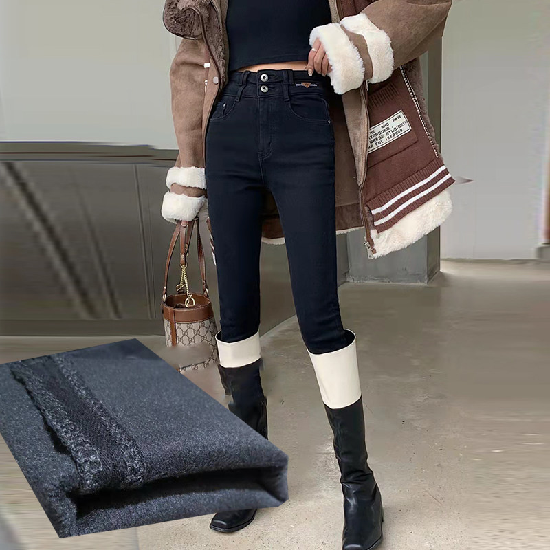 2021秋冬十米菲牛仔靴裤女九分双扣黑色高腰小脚紧身包臀加绒加厚