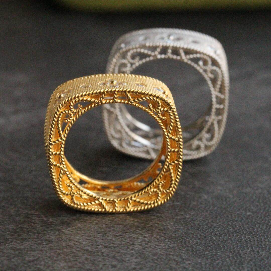 进口意大利工艺织纹雕金拉丝时尚复古方形四叶草戒指925银镀金