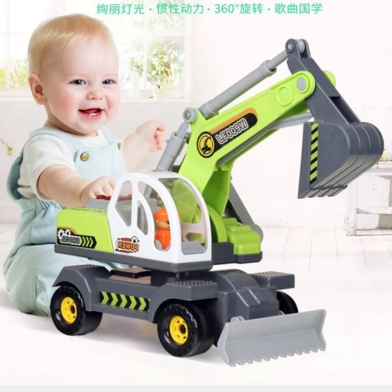 乐飞挖掘机玩具车铲土勾机绿色超大号音乐惯性儿童男孩工程车益智