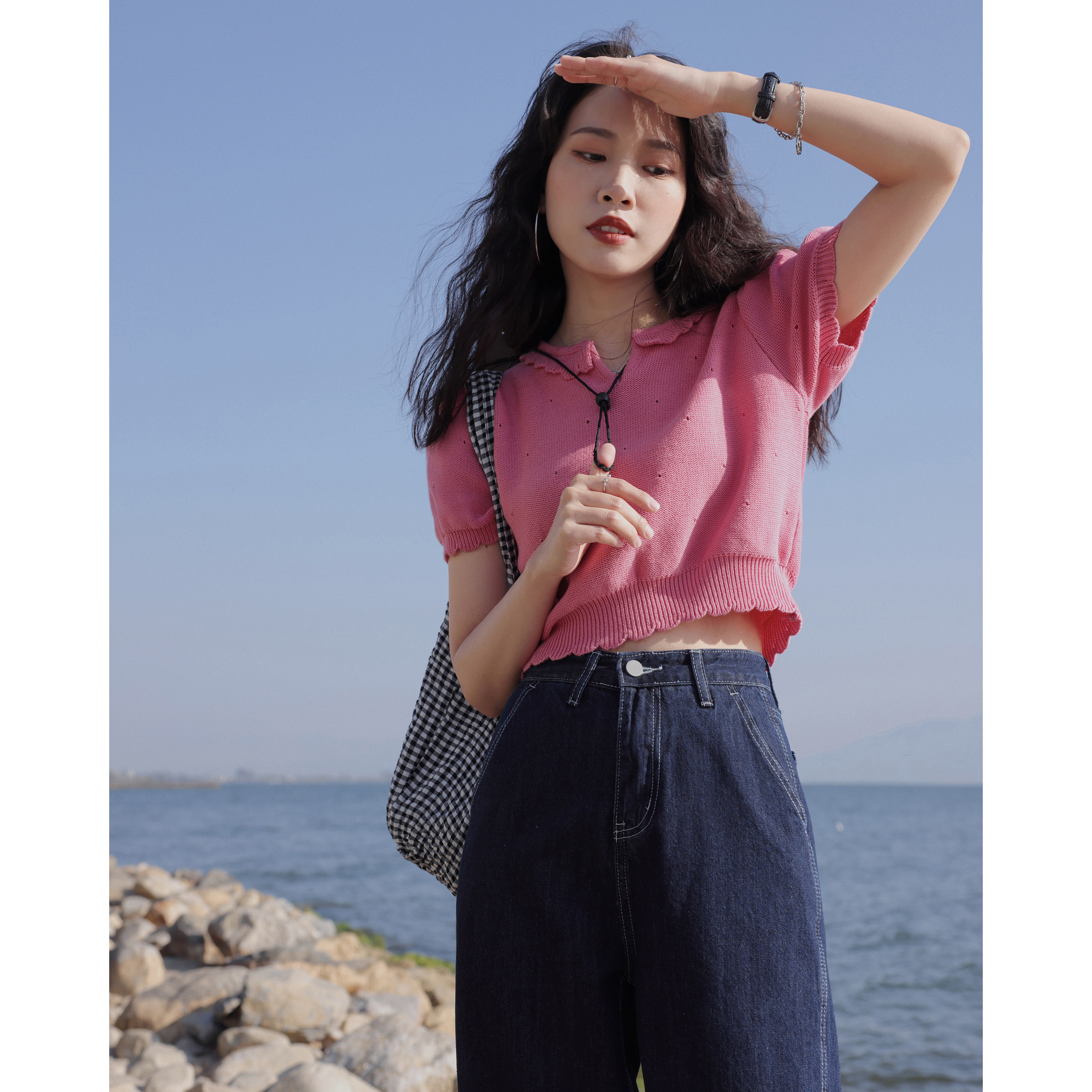 欧阳喜薄款短袖针织衫女夏季2021年新款温柔系穿搭短款bm上衣学生