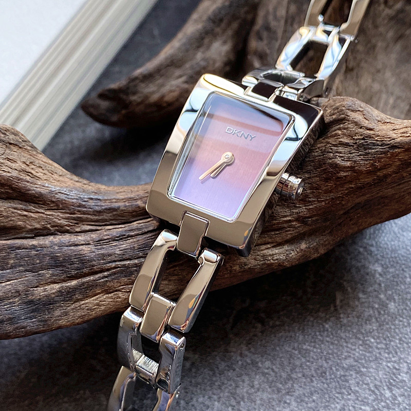 美国绝版正品dkny偏光粉紫气质简洁梯形盘镂空链条钢制石英女手表