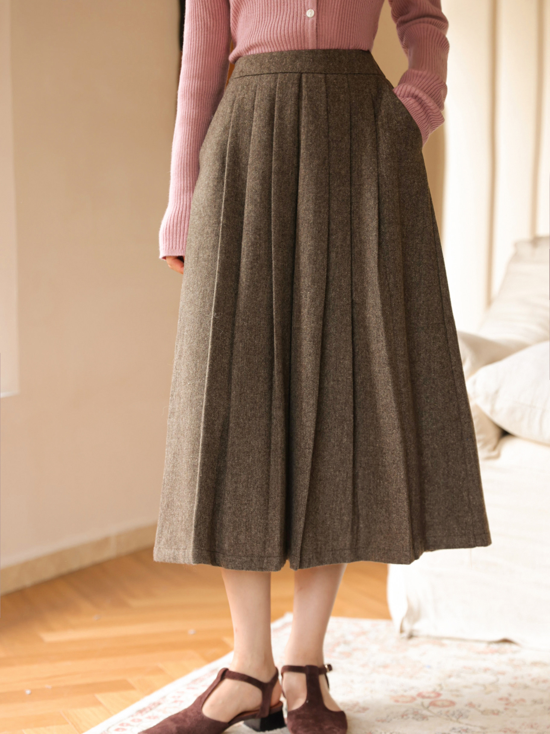 gojo法式复古百褶半身裙中长款高腰秋冬新款设计感小众a字毛呢裙