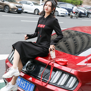 长款卫衣女秋过膝连帽百搭洋气2019新款修身显瘦大码休闲冬打底裙