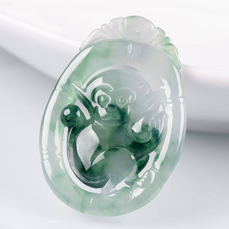 7.16g天然冰种飘花翡翠猴子吊坠镂空双面精雕灵猴祝寿挂件冰猴子