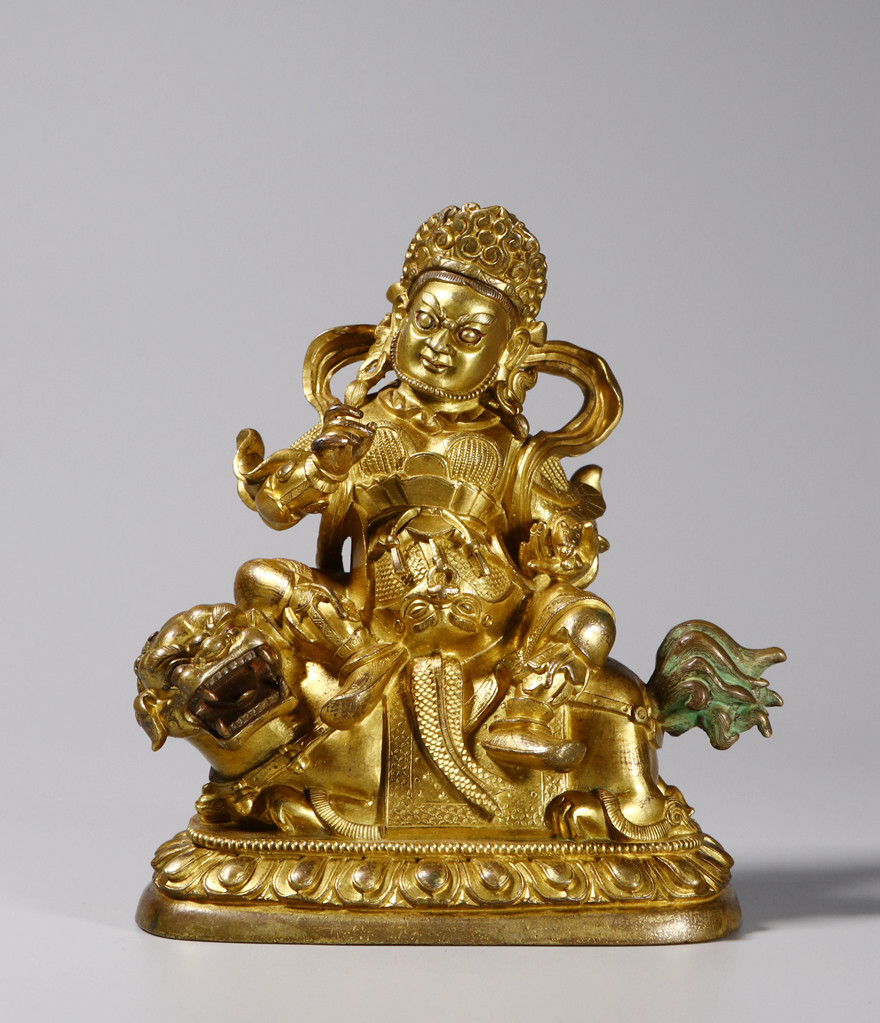 【鬼市】铜鎏金财宝天王骑狮坐像【重1378g】e742趣味收藏