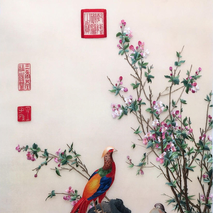 匠心苏绣《郎世宁锦春图》刺绣真丝 一丝至四丝绣