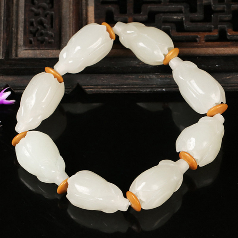 【即拍即得】和田玉白玉兰花手链玉石珠子手串玉串链子 45.8克
