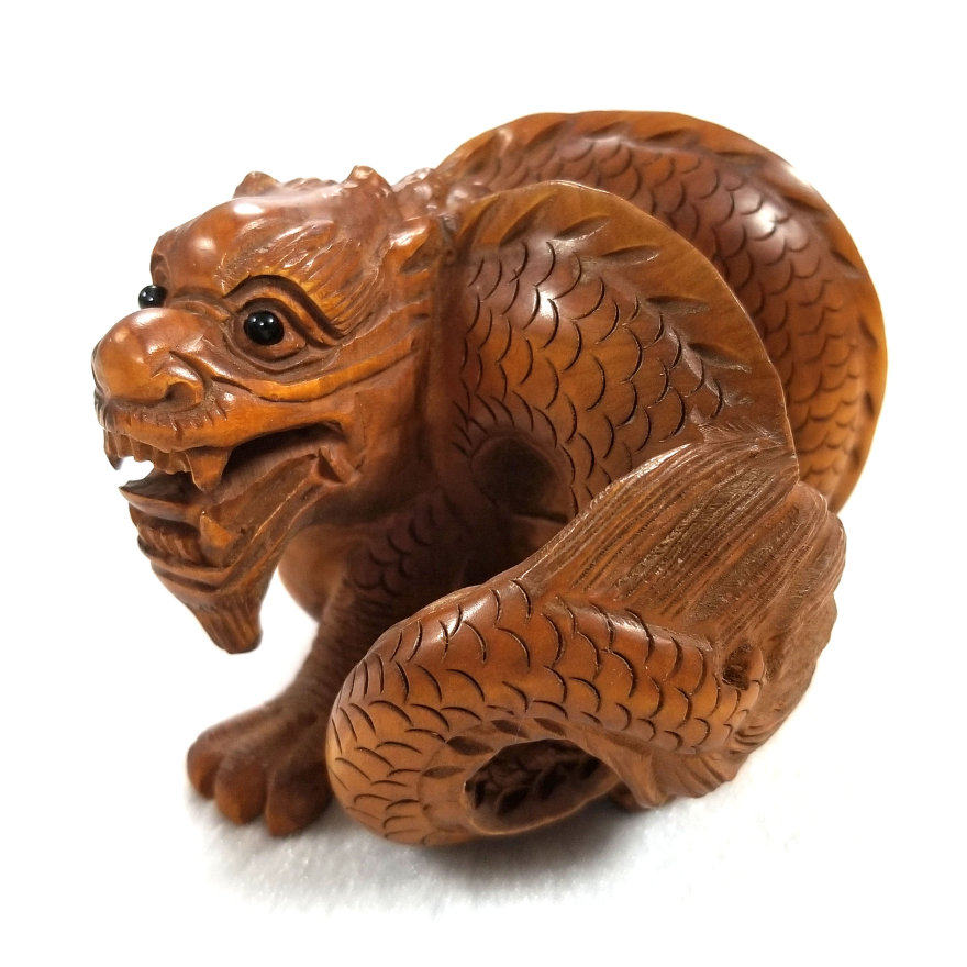 黄杨木蟠龙木雕 古色包浆三层生肖龙手工雕琢细致