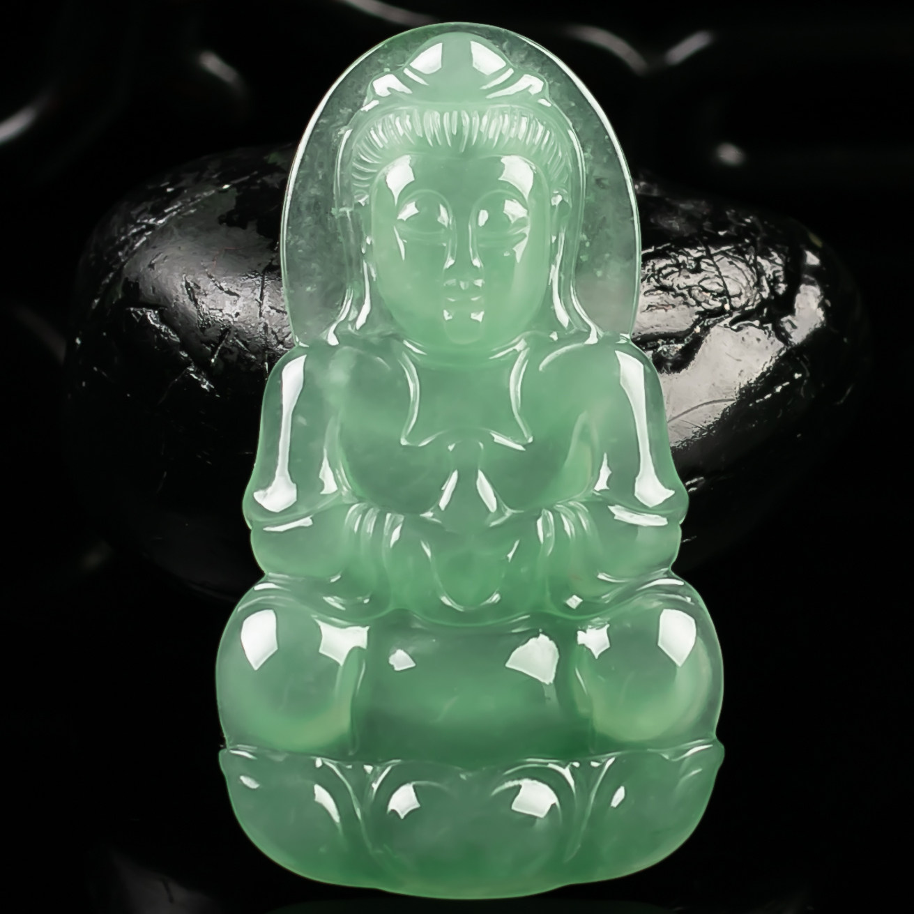 源头好货-四会 寻缘老坑冰糯种精雕正装翡翠观音吊坠14.64g