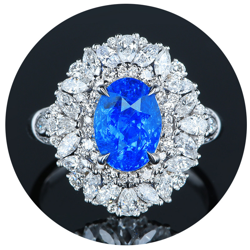 guild证书3.53克拉天然无烧斯里兰卡蓝宝石戒指18k金镶嵌钻石