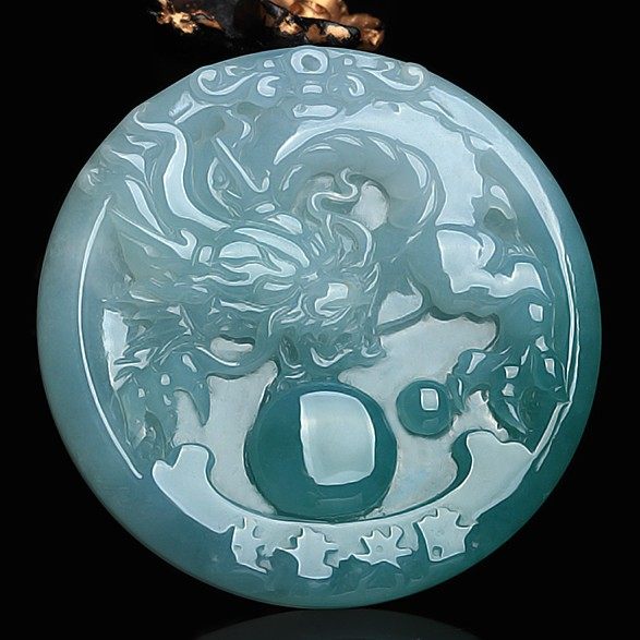 精品拍卖天然翡翠a货老坑冰糯种青底龙牌吊坠35.09g