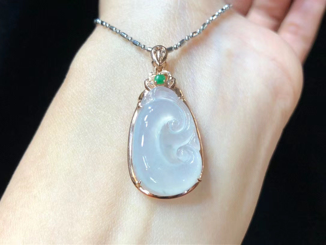 18k金豪华镶嵌正品玉石缅甸纯天然a货翡翠高端冰种冰润玉如意吊坠