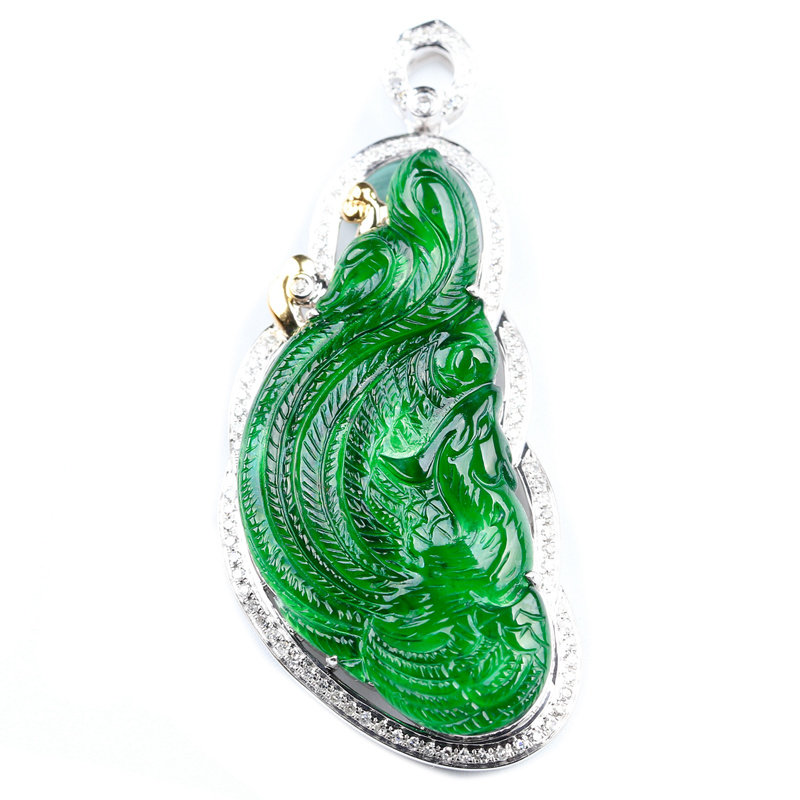 18k金伴钻镶嵌冰种满阳绿凤凰吊坠 6.13g
