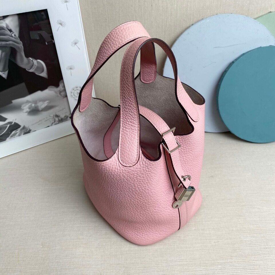 [9.5新]hermes/爱马仕t刻 picotin18 tc皮 新樱花粉 银扣水桶女包