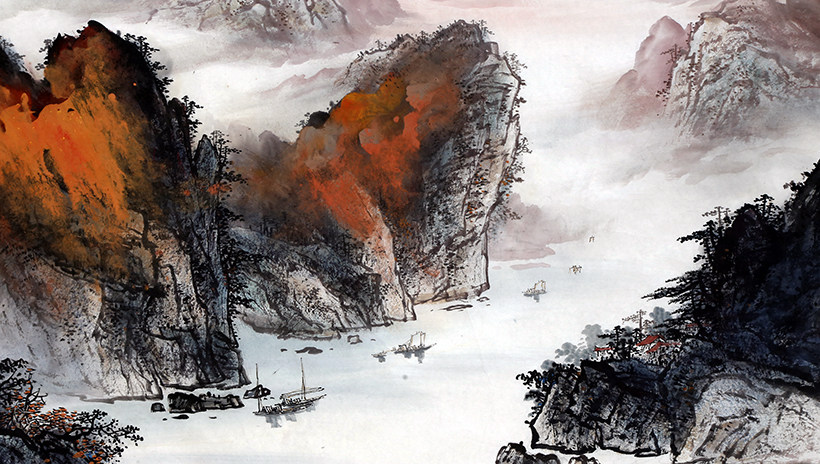 李建文《轻舟已过万重山》彩墨山水画客厅办公室装饰3126