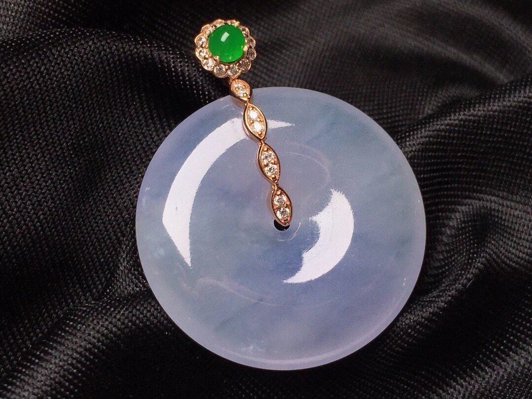 18k金豪华镶嵌正品缅甸纯天然a货高端翡翠冰紫罗兰饱满平安扣吊坠