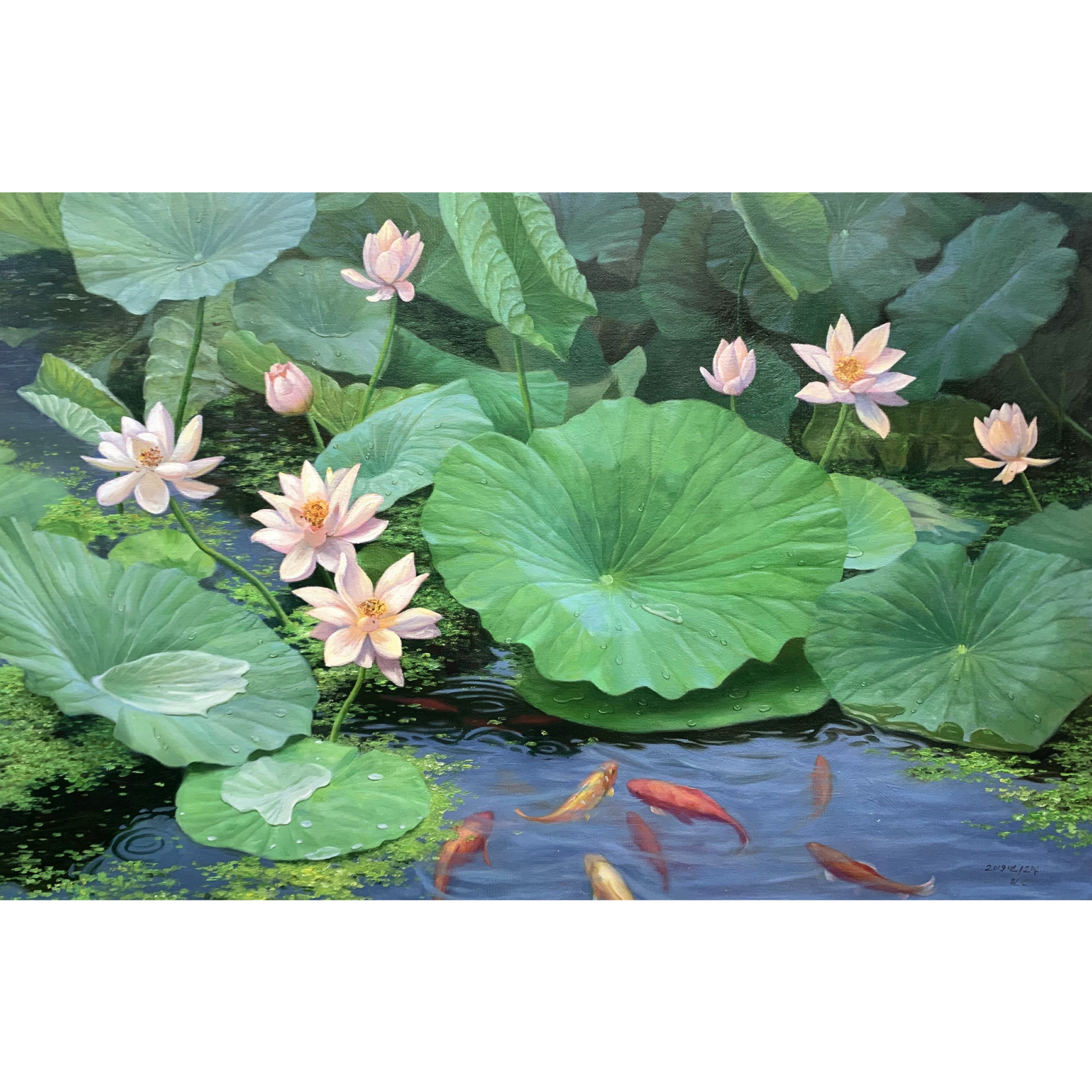 朝鲜油画 一级艺术家 朴元《荷塘》星朝美术馆 花卉