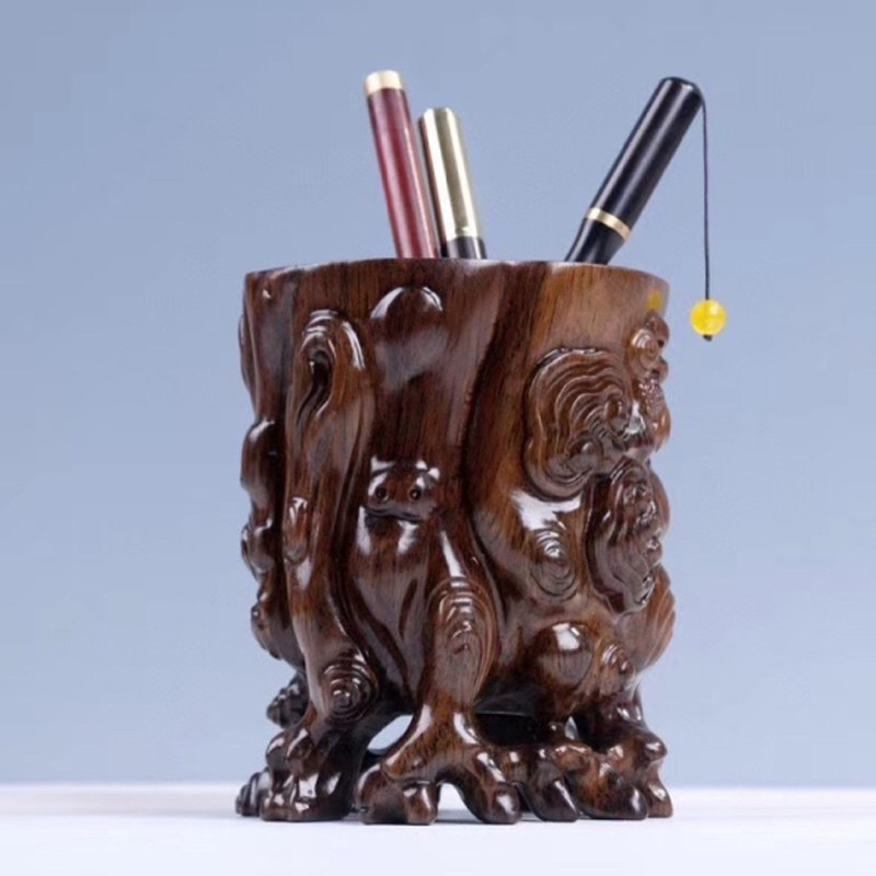 夜市 新款黑檀镂空笔筒 实木雕刻文房办公室用品收纳工艺品送人