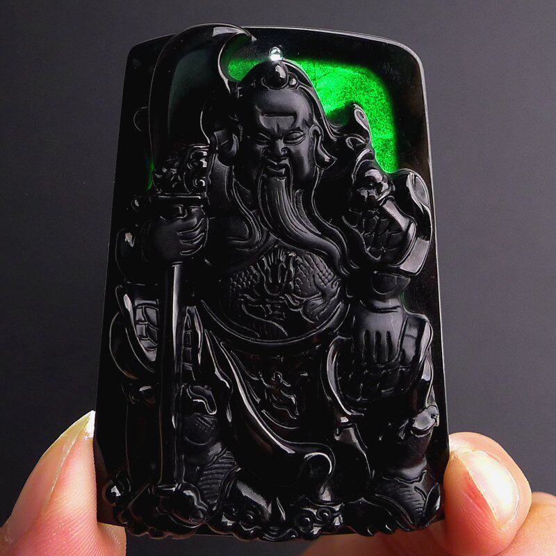 【精雕亮黑关公墨翠】天然老坑翡翠a货墨翠关公吊坠40.22g