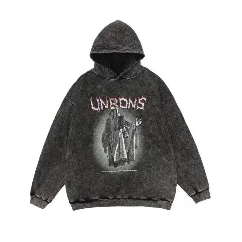 ​美式暗黑恶魔印花连帽卫衣，水洗灰色，宽松oversize版型