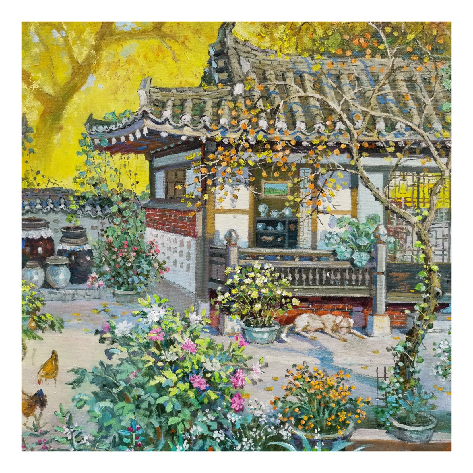 视频看货 朝鲜油画 功勋艺术家李钟元《庭院秋色》中央创作社