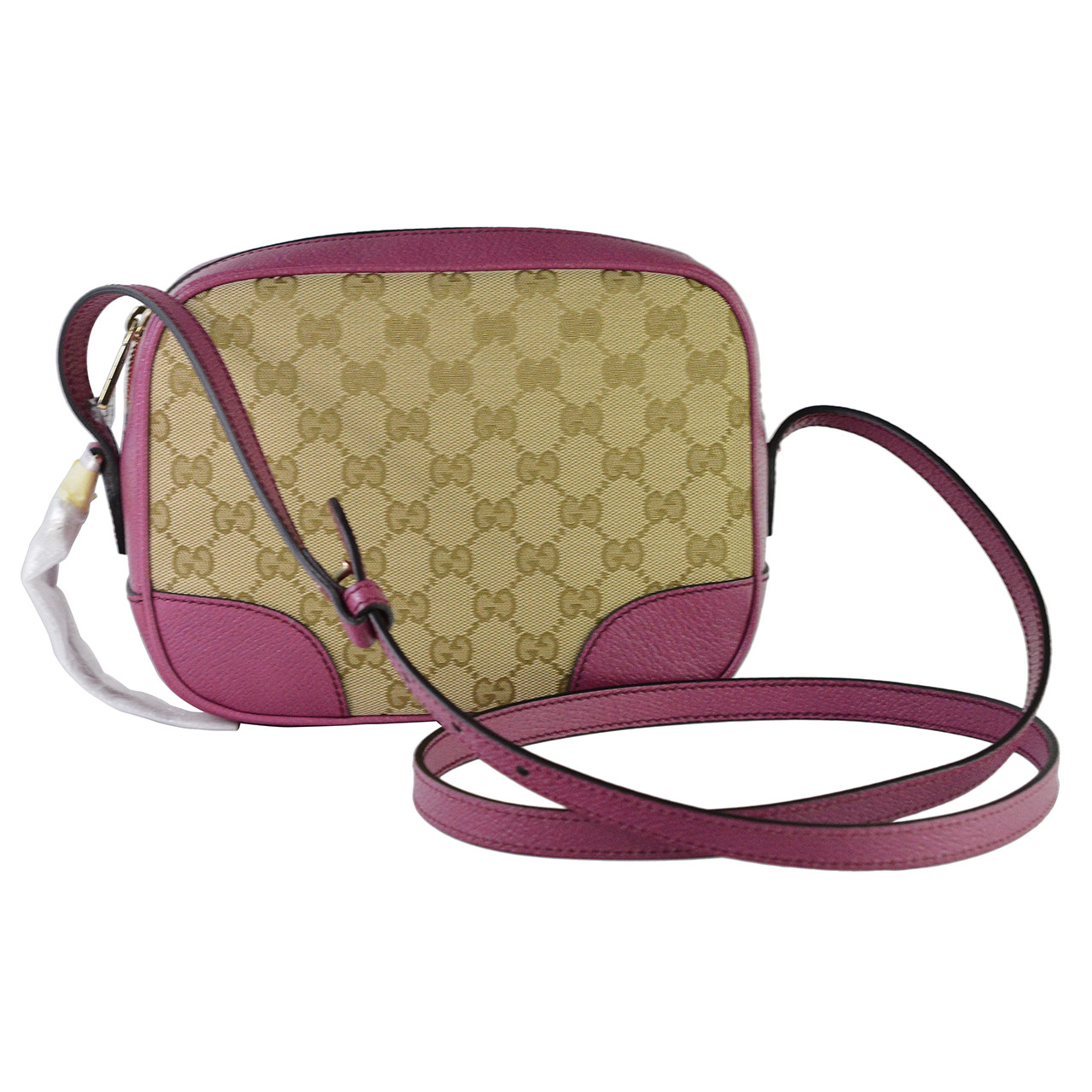 [9.9新]古驰gucci女士玫红色牛皮拼帆布斜挎包fg019