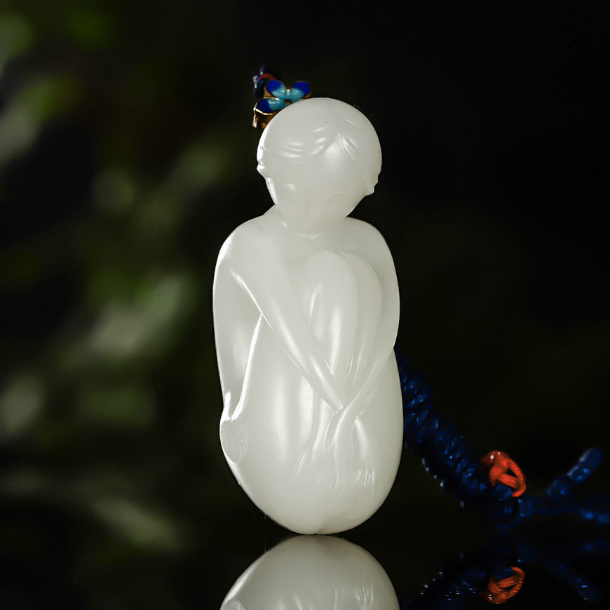 苏州名家作品《秋思》和田玉白玉仕女挂件天然毛孔-苏州玉雕馆 a