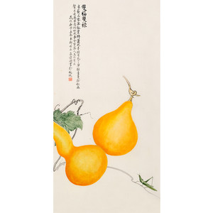 崔清湖《双福双禄》工笔手绘葫芦草虫竖幅国画原稿阿里拍卖 茶室