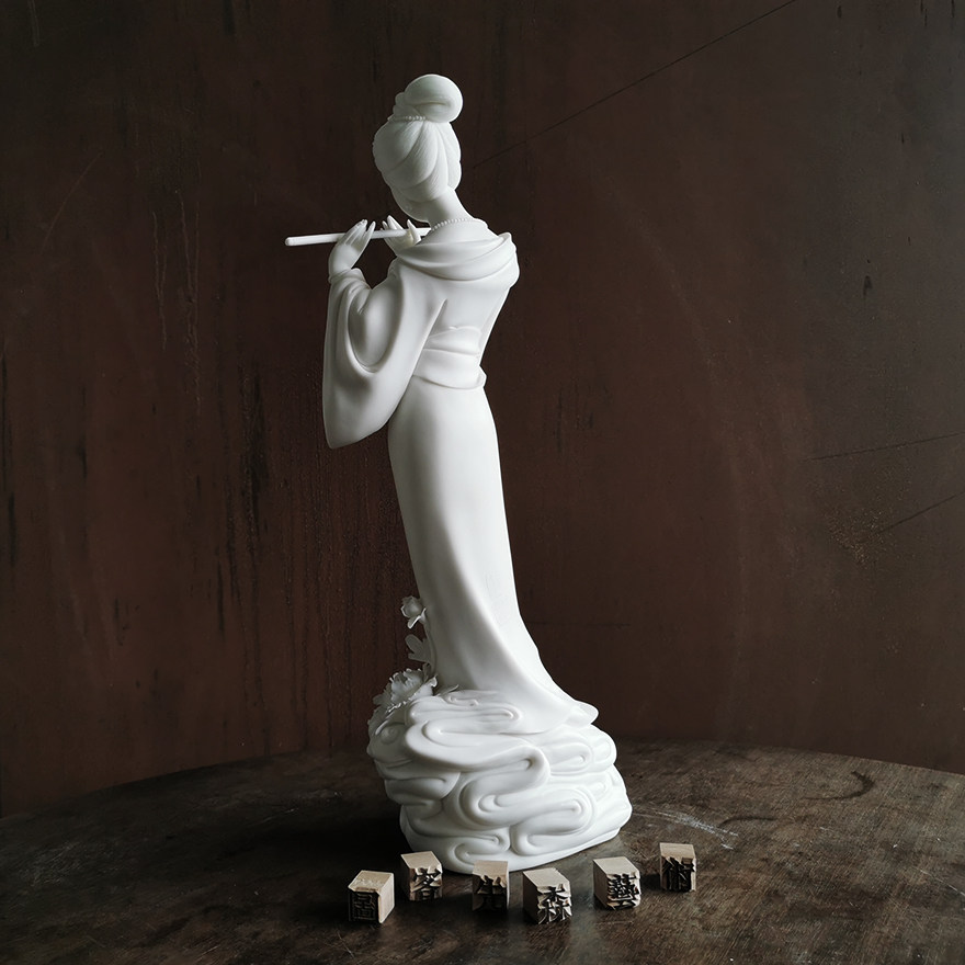 颜松柳 竹报平安白瓷艺术品人物摆件名家精品新中式仕女工艺品