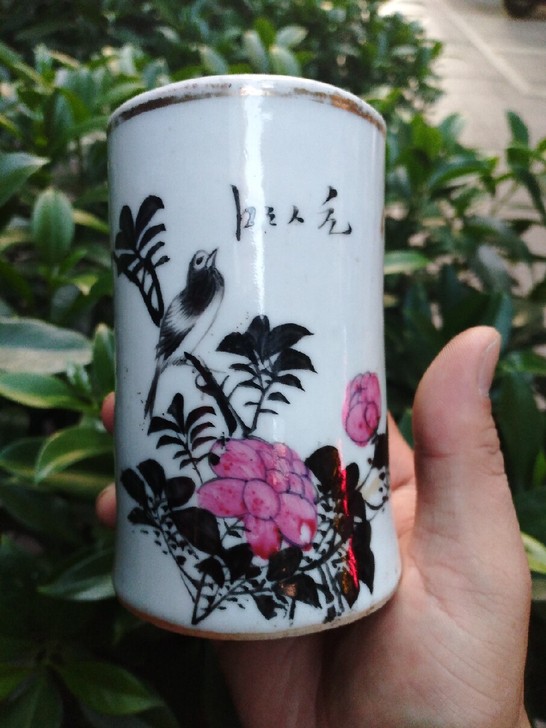 清代老物件青花浅绛粉彩手绘瓷老茶盘水建壶承（清代笔筒）品相如