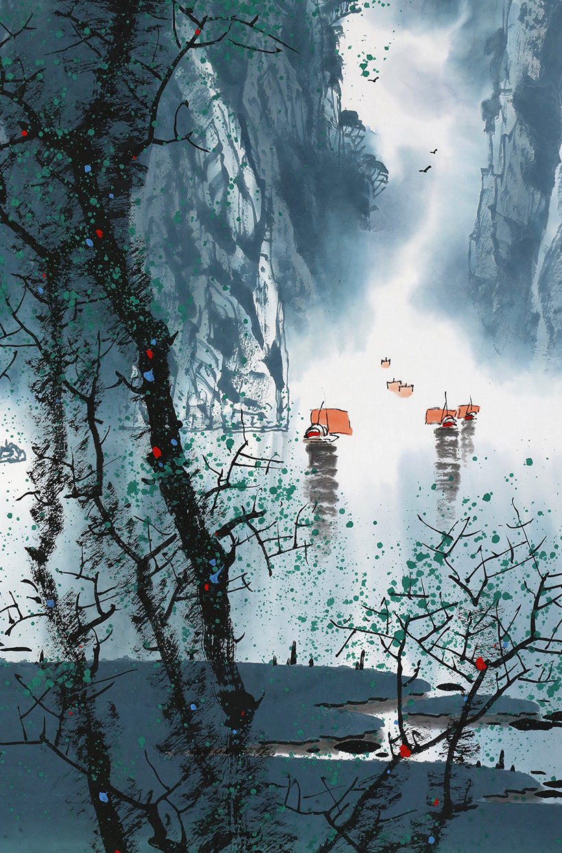 张泉踪《渔图》彩墨漓江山水画 客厅办公室装饰墨华斋1284